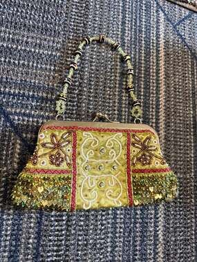 Vintage Beaded and Sequined Green Satin Kiss Lock Evening Bag with Beaded Handle